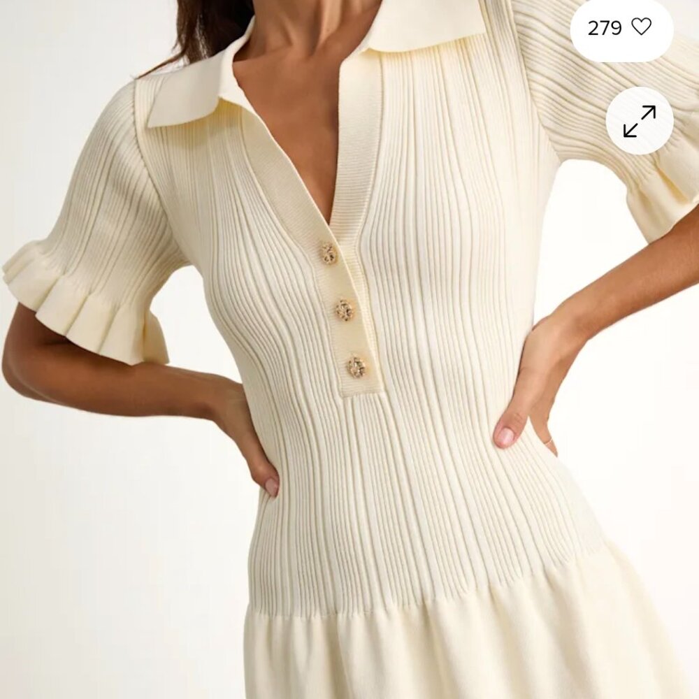 Lulus Yavina Cream Collared Skater Sweater Mini Dress White - Size S - Picture 5 of 6